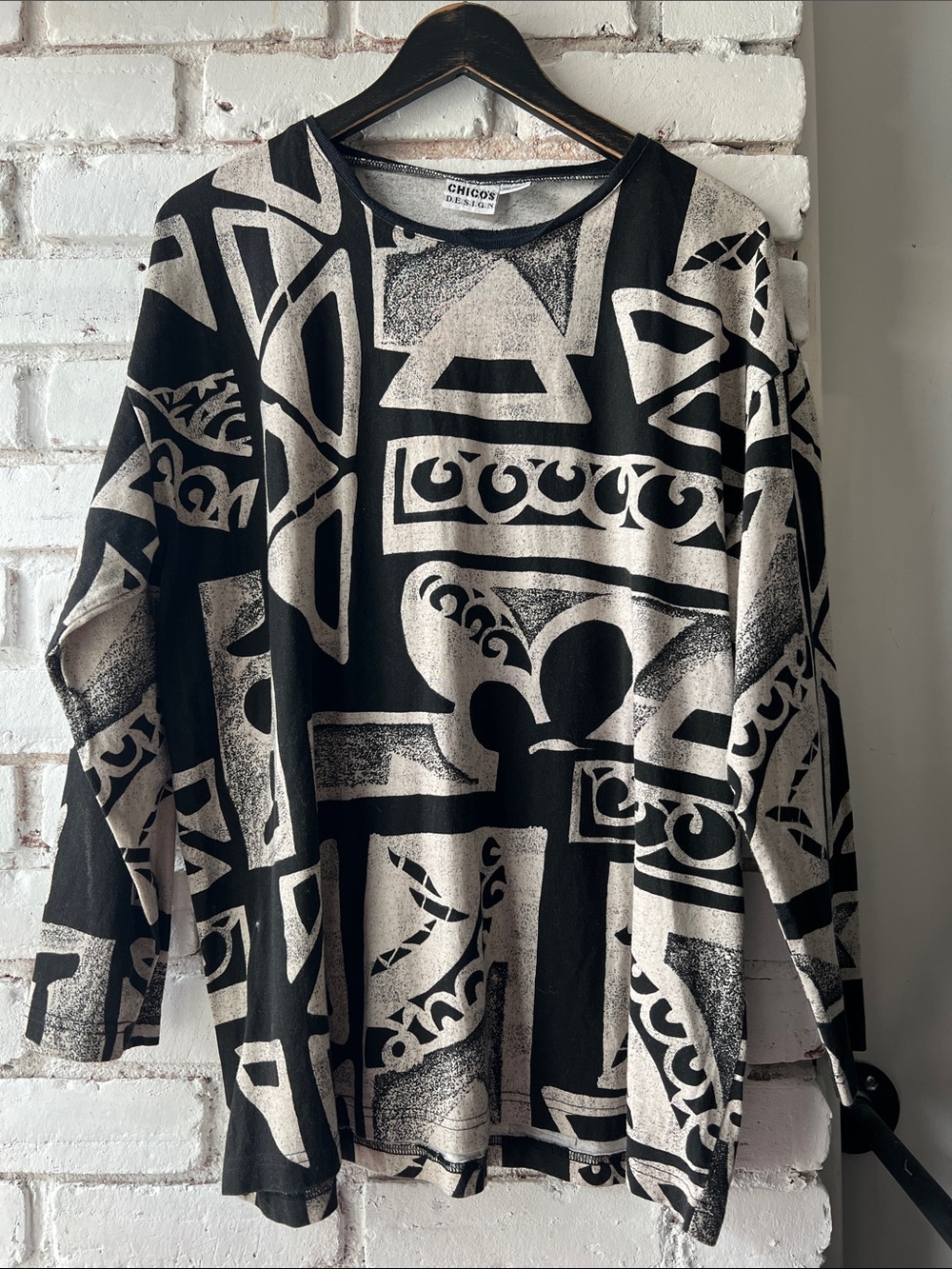 Vintage 90s print tunic Chico's Black & Cream Geometric-Print Crewneck long sle